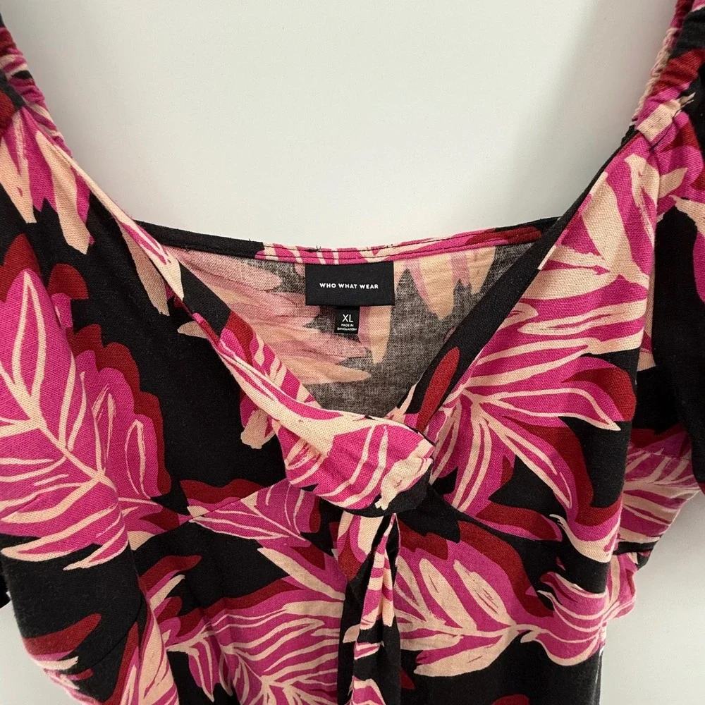 Who What Wear Pink Leaf Print Puff Sleeve Dress XL‎ Square Neck Tie Front